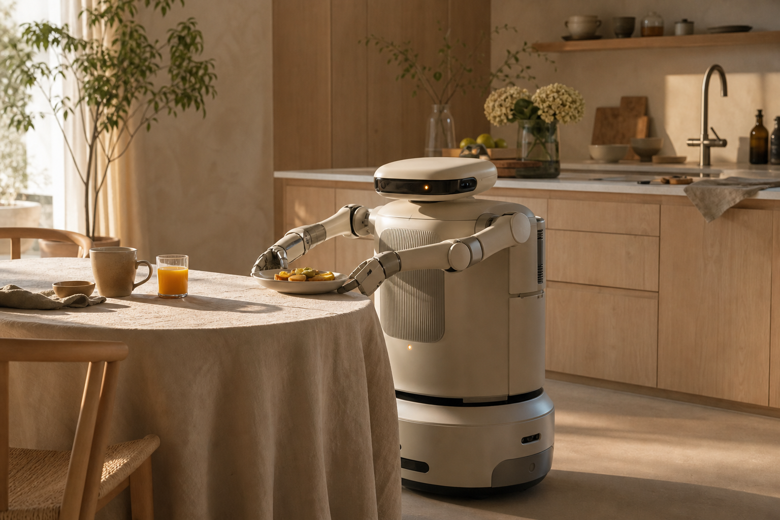 A softly rounded home robot setting a sunlit breakfast table
